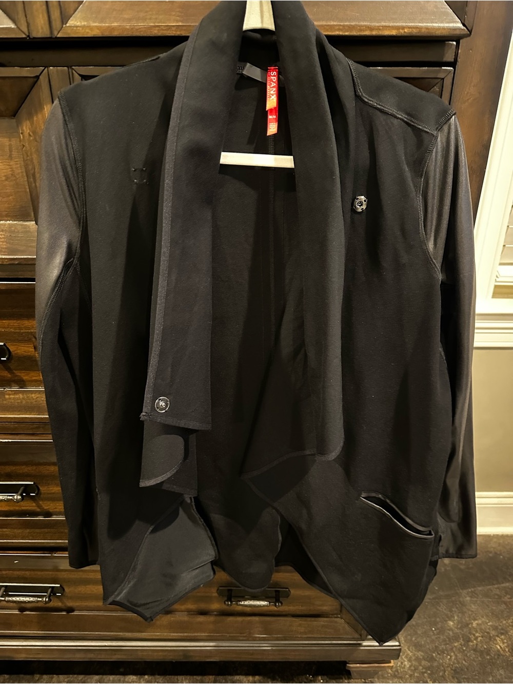 SPANX Black Open-Front Draped Leather-Sleeve Jacket